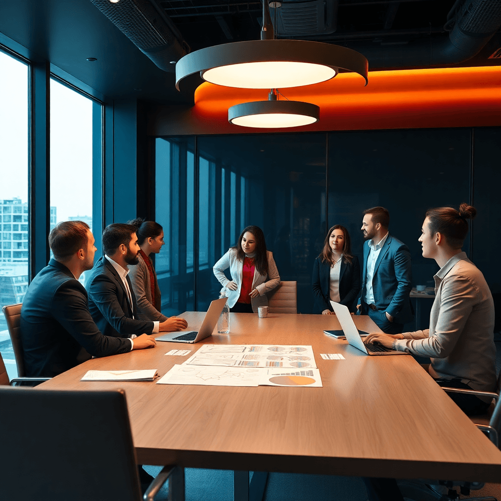 business professionals in modern meeting room discussing strategy
